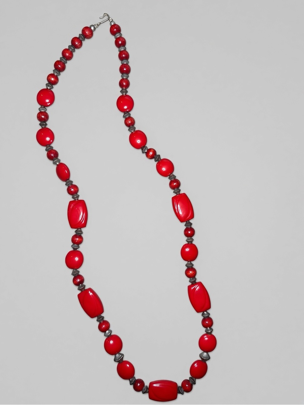 Vintage Red Bead Necklace, Silver Spacers, Approx 30”, Unsigned